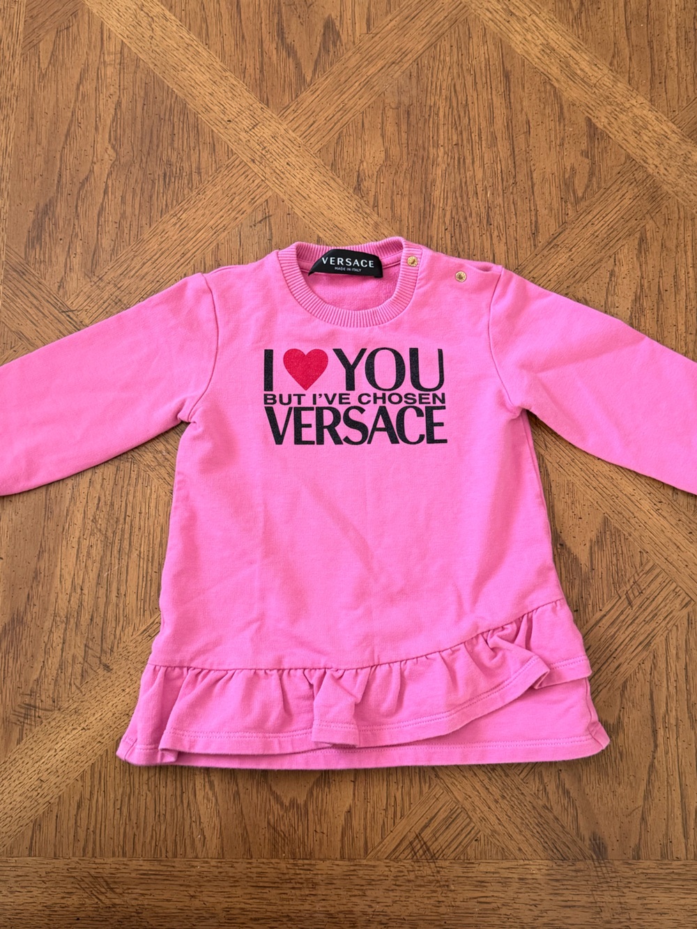 Versace Kids Pink Logo Heart Ruffle Hem Sweater Dress - Size 12-18M Toddler Kids